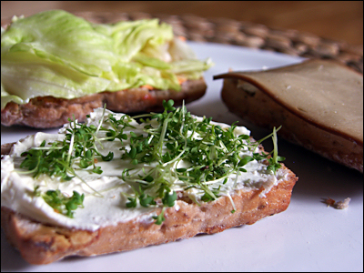 selbst gebackenes Sechskornbrot mit Soyananda Frischkäse, Eissalat und Kresse und Wheaty vom Rauch (vegan)